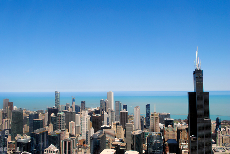 Skyline shot from the cockpit of a helicopter on the Chicago Helicopter Experience